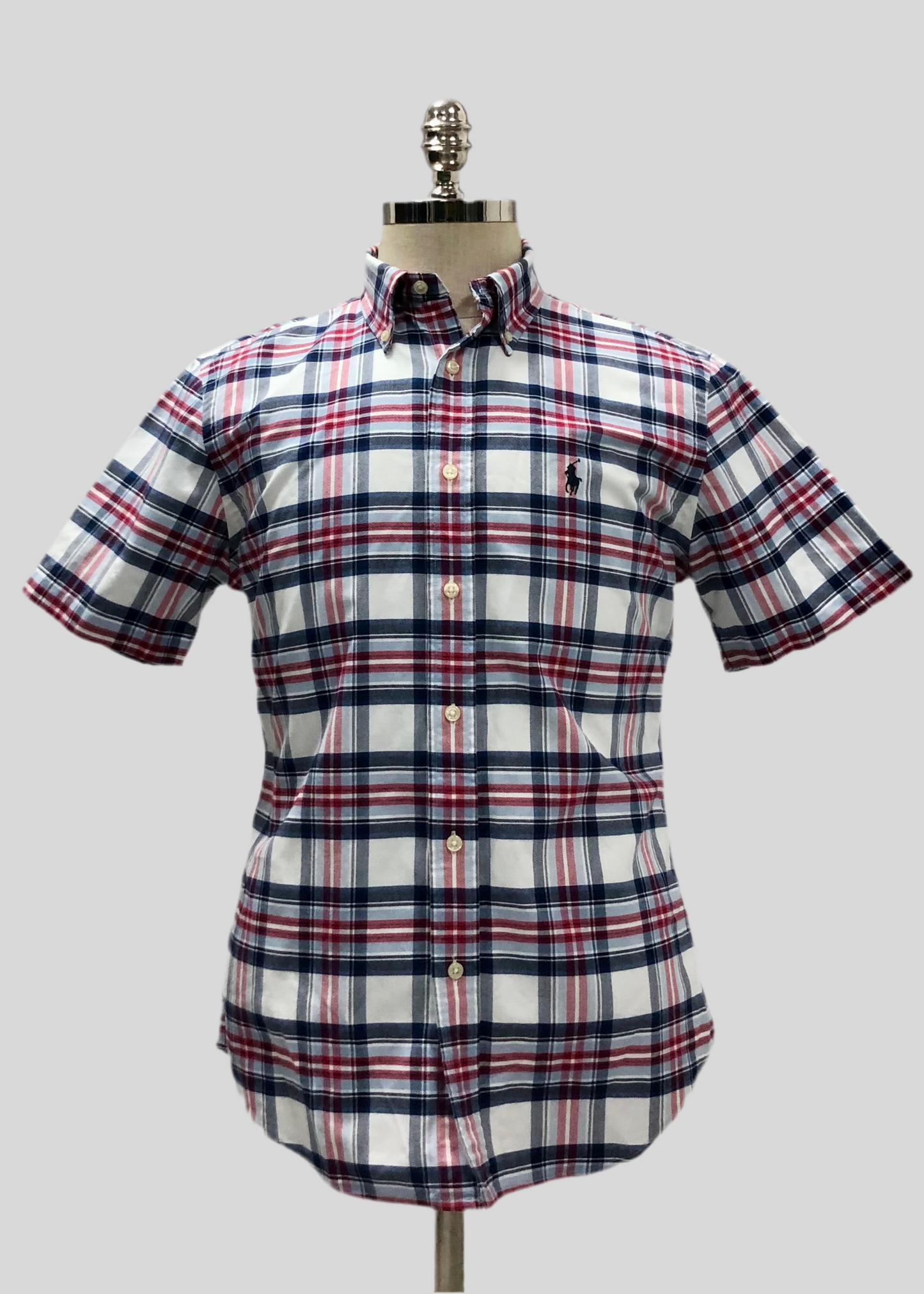 Camisa Polo Ralph Lauren 🏇🏼 Color blanco con patron de cuadros tartán azul y rojo Talla M Entalle Slim Fit