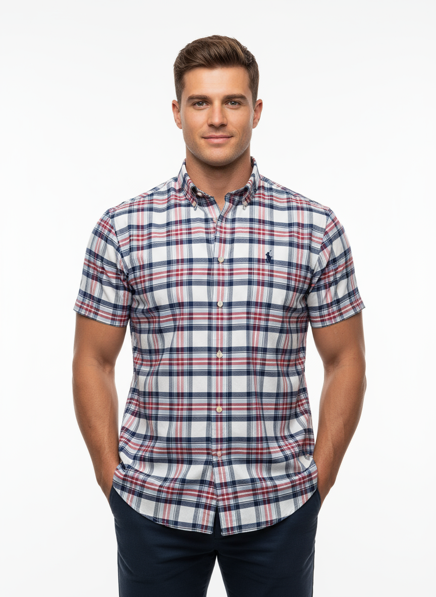 Camisa Polo Ralph Lauren 🏇🏼 Color blanco con patron de cuadros tartán azul y rojo Talla M Entalle Slim Fit