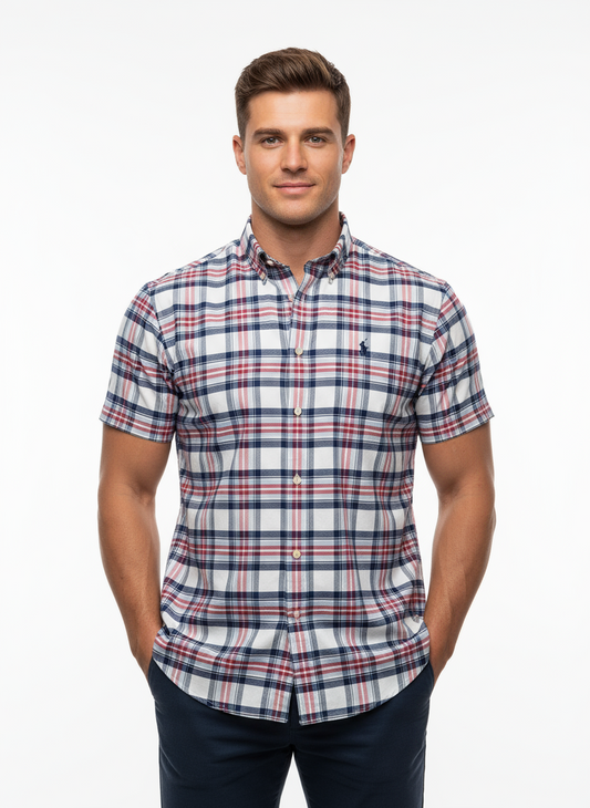 Camisa Polo Ralph Lauren 🏇🏼 Color blanco con patron de cuadros tartán azul y rojo Talla M Entalle Slim Fit