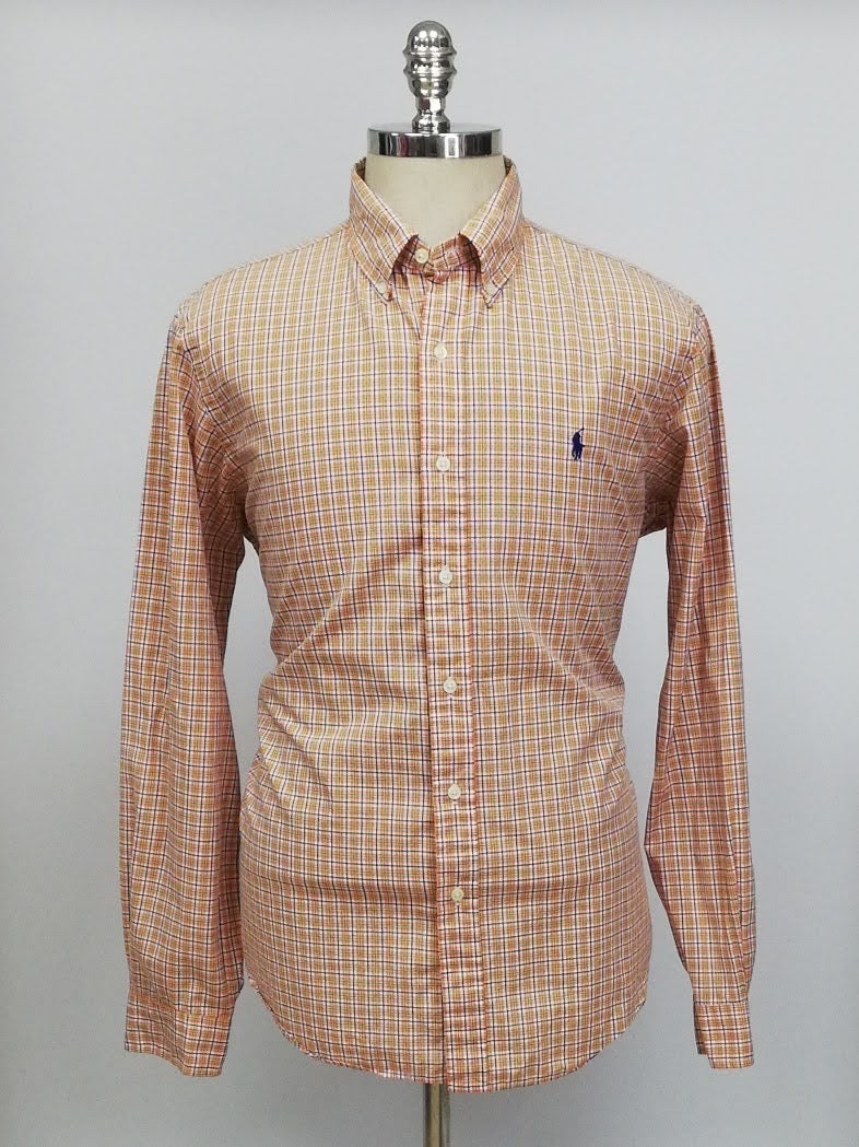 Camisa Polo Ralph Lauren 🏇🏼 color blanco con patrón de cuadros naranja, verde y azul Talla L Entalle Regular