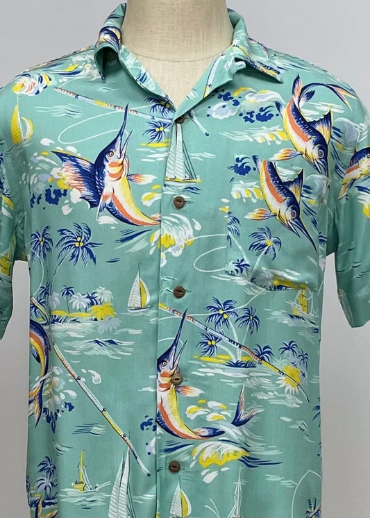 Camisa de botones Polo Ralph Lauren 🏇🏼 Tela ligera en color verde claro con diseño marino en color azul Talla S Entalle Regular