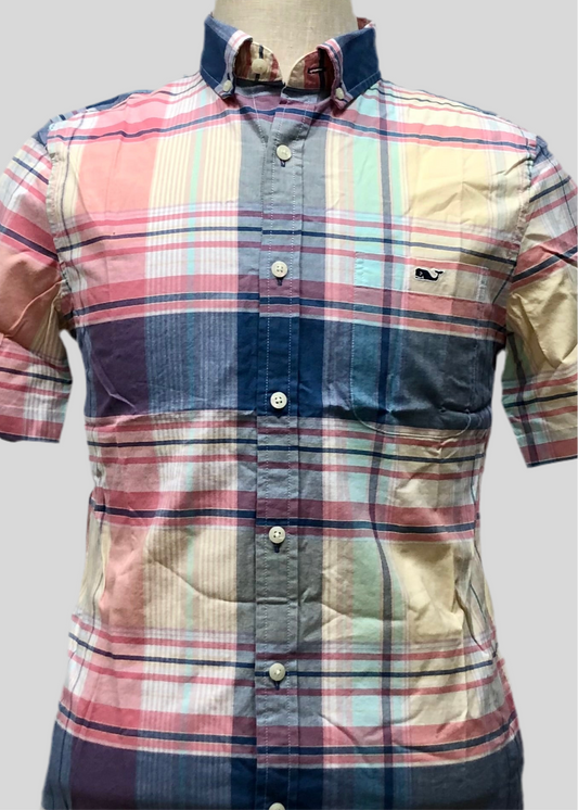 Camisa Vineyard Vines 🐳 con patrón de cuadros tartán en color amarillo, rosado y azul navy Talla S Entalle Slim Fit