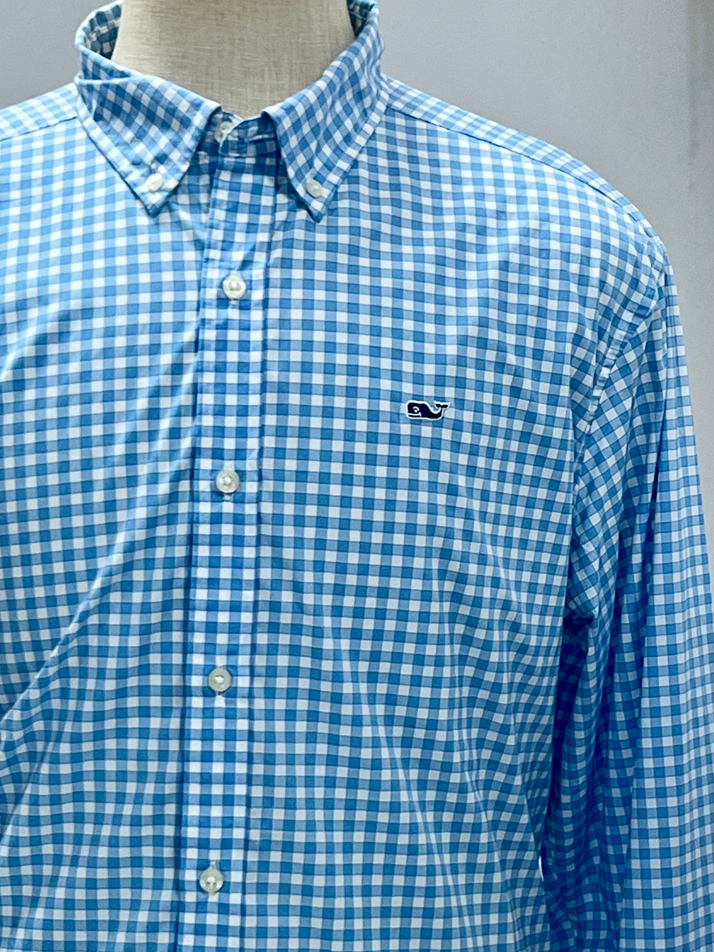 Camisa Vineyard Vines 🐳 Performance de cuadros gingham en color celeste y blanco Talla XL Entalle Clásico