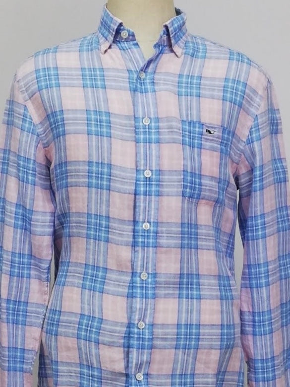 Camisa de botones Vineyard Vines 🐳 De Lino color rosado con patrón de cuadros en azul y blanco Talla M Entalle Clásico