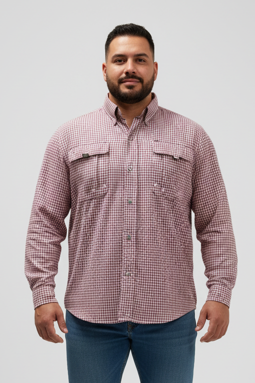 Camisa Columbia 🔹 Super Bahama Color blanco con patrón de cuadros en rojo y negro Talla XL
