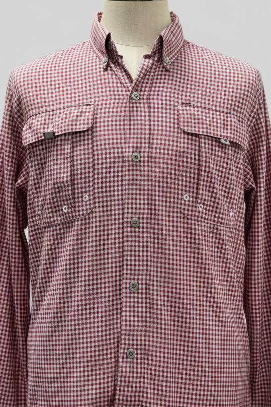 Camisa Columbia 🔹 Super Bahama Color blanco con patrón de cuadros en rojo y negro Talla XL