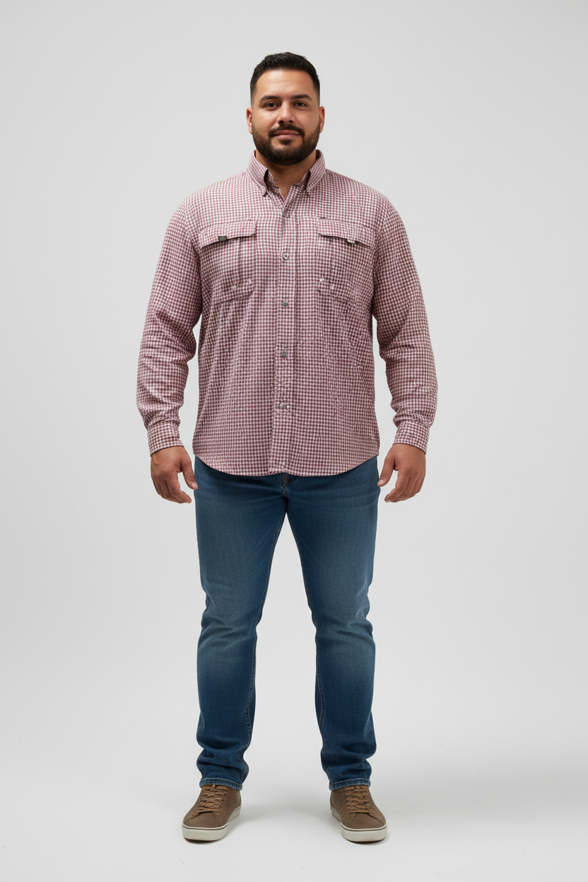 Camisa Columbia 🔹 Super Bahama Color blanco con patrón de cuadros en rojo y negro Talla XL