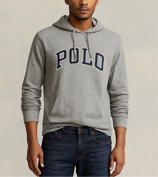 Sueter Jersey con capucha Polo Ralph Lauren 🏇🏼 color gris claro con logo en letras Talla L