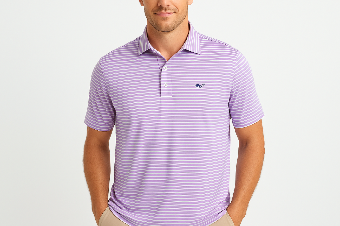 Camiseta Polo Vineyard Vines 🐳 Performance con rayas en morado y blanco Talla XL Entalle Regular
