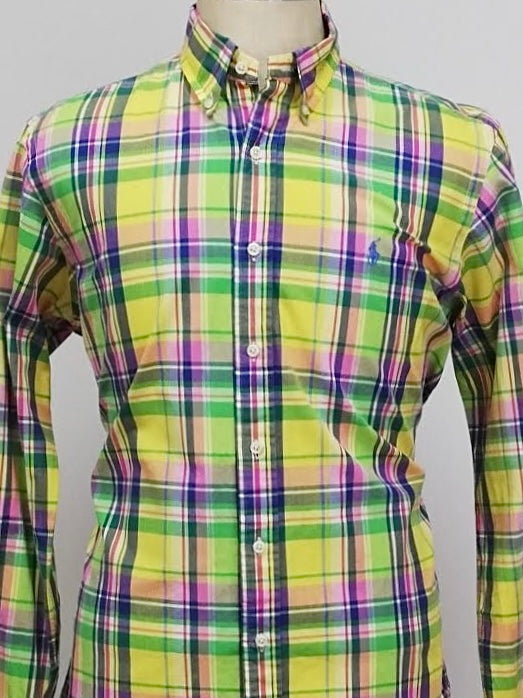 Camisa Polo Ralph Lauren 🏇🏼 color amarillo con patrón de cuadros azul, rosado y verde Talla L Entalle Custom Fit