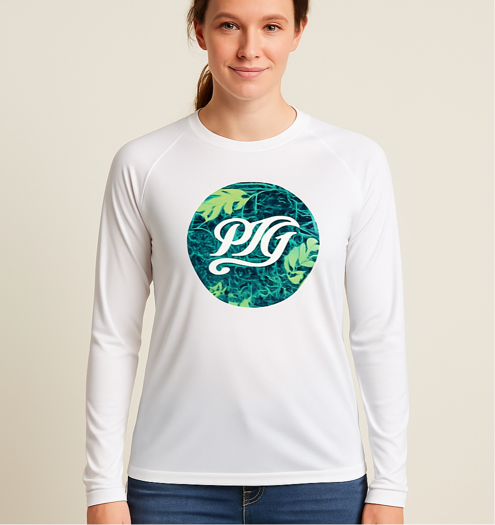 Camiseta de mujer cuello redondo Columbia 🔷 color blanco con logo circular estampado manga larga Talla L