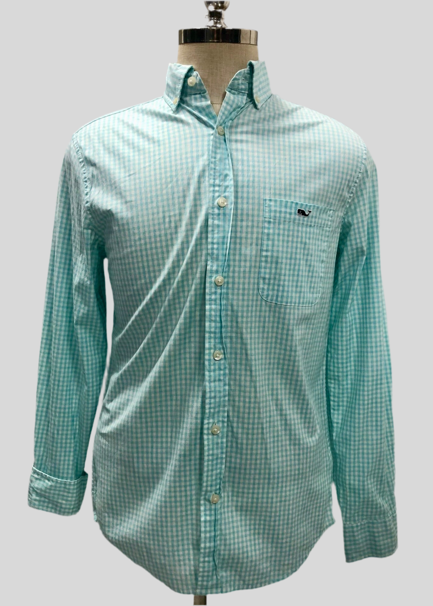 Camisa de botones Vineyard Vines 🐳 de cuadros gingham en color turquesa claro y blanco Talla S Entalle Clásico
