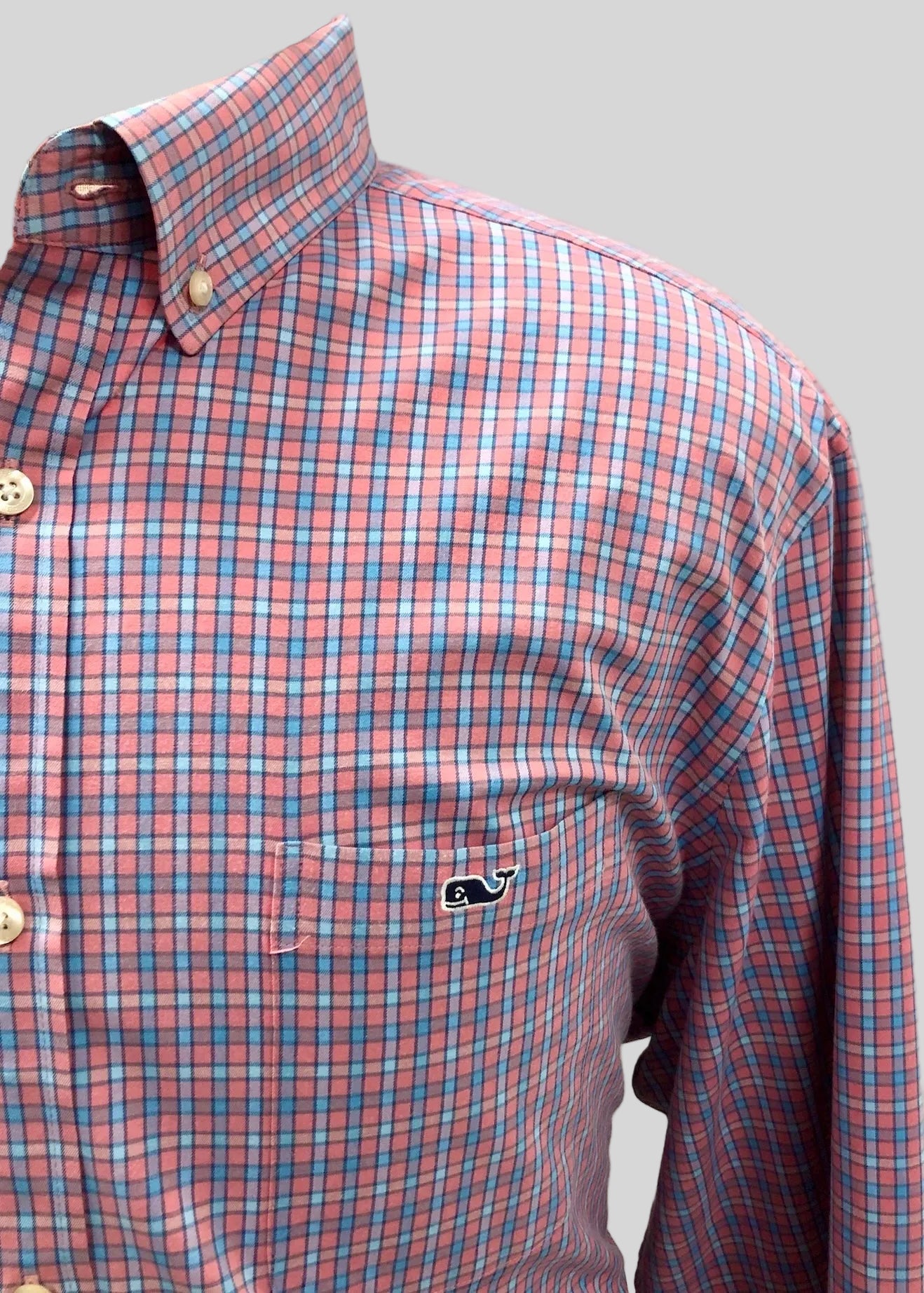Camisa de botones Vineyard Vines 🐳 Performance de cuadros en color rosado y celeste Talla XXL Entalle Clásico