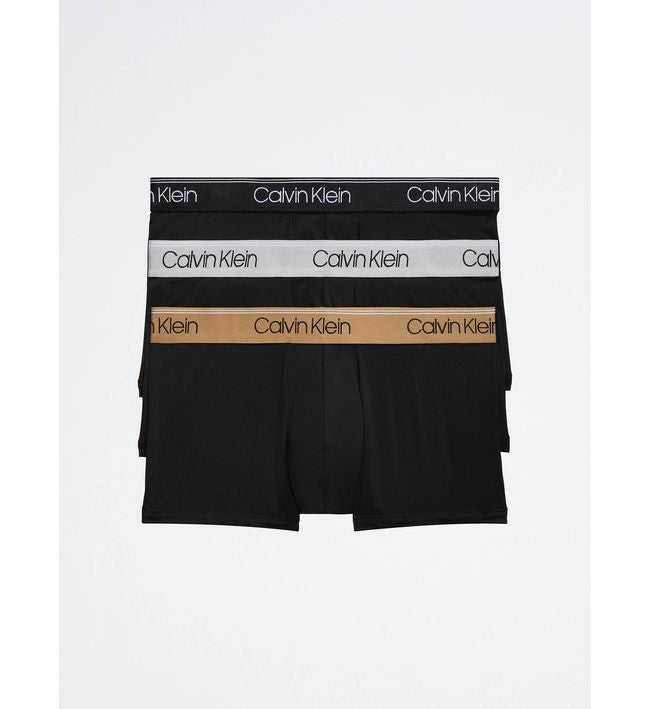 Paquete de 3 Calzoncillos tipo Boxer Calvin Klein de Microfibra Stretch en negro con cintura en dorado, blanco y negro - Tela ligera en Talla XL