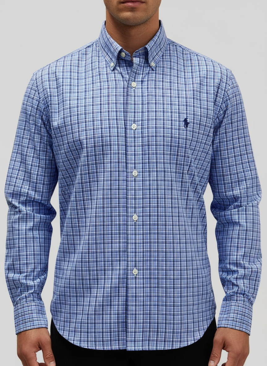Camisa celeste de cuadros en color azul y rosado Polo Ralph Lauren 🏇🏼Talla L Entalle Custom Fit