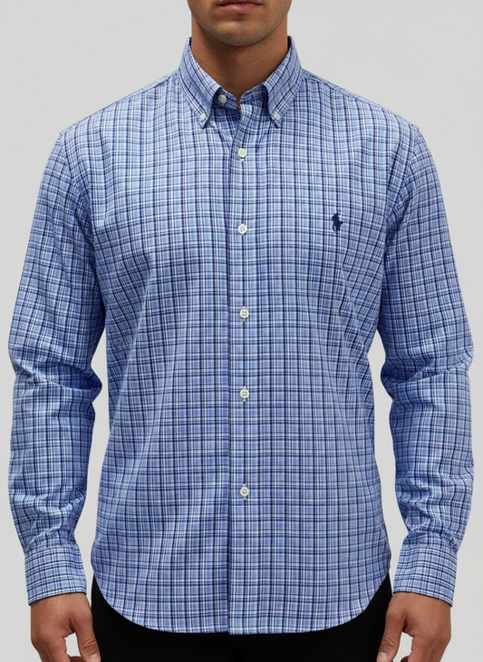 Camisa celeste de cuadros en color azul y rosado Polo Ralph Lauren 🏇🏼Talla L Entalle Custom Fit