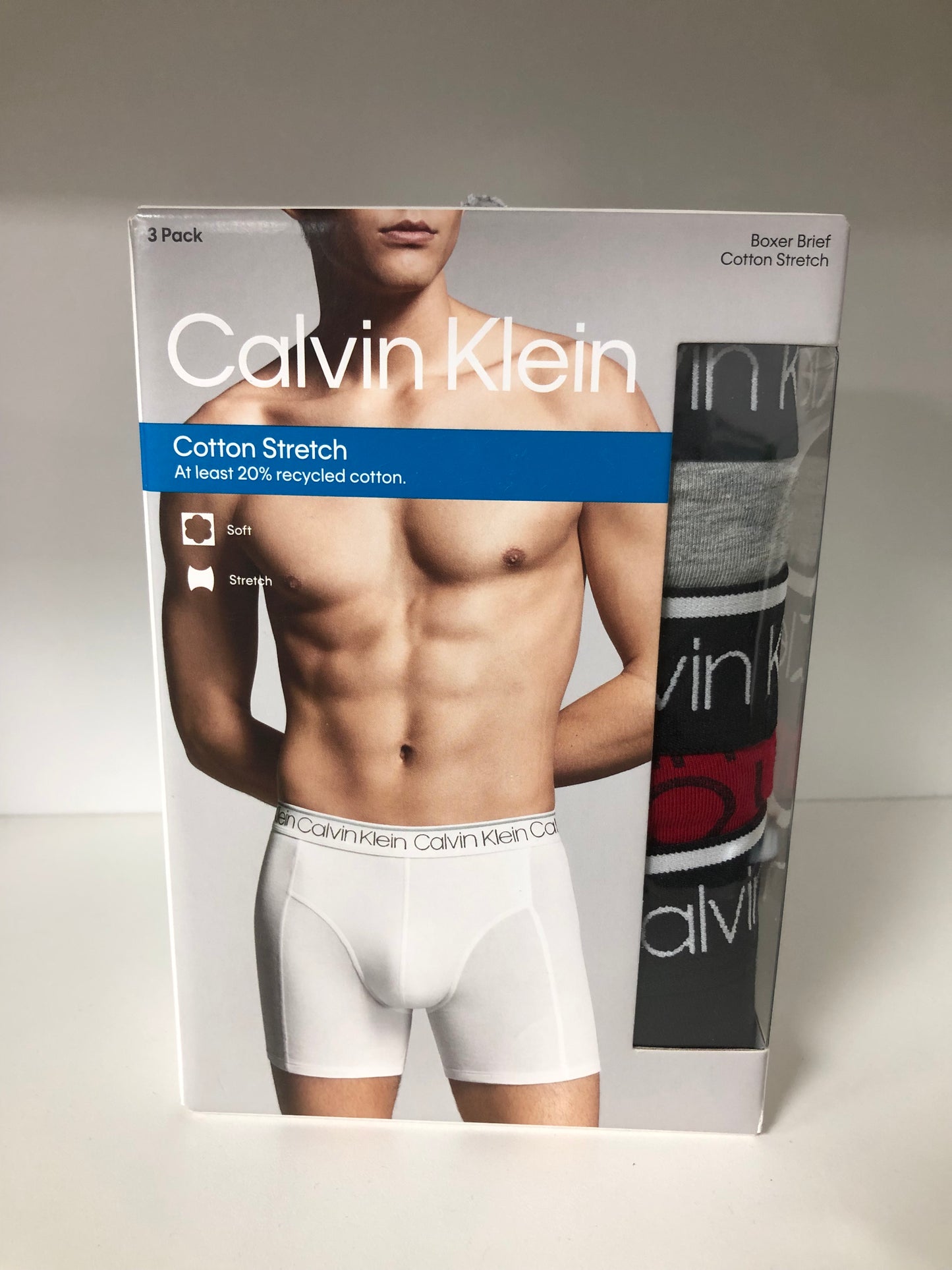 Paquete de 3 Calzoncillos tipo Boxer Calvin Klein Cotton Stretch en color azul, celeste y negro - Tela ligera en Talla L y XL