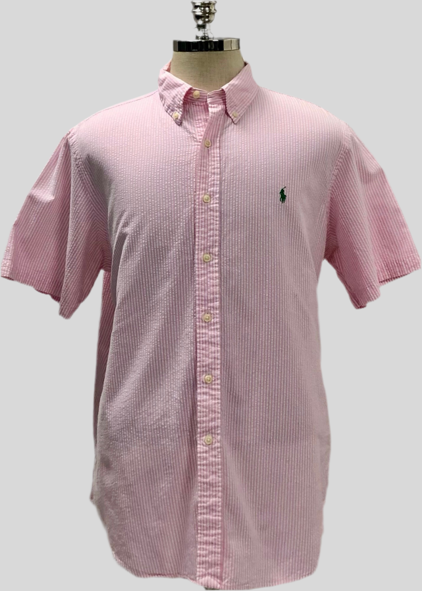 Camisa Polo Ralph Lauren 🏇🏼 Color blanco con patrón de rayas en rosado Seersucker Talla XL Entalle Regular