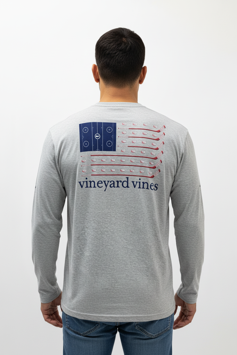 Camiseta de bolsillo Vineyard Vines 🐳 color gris claro con Diseño de ballena en azul y rojo Talla Large