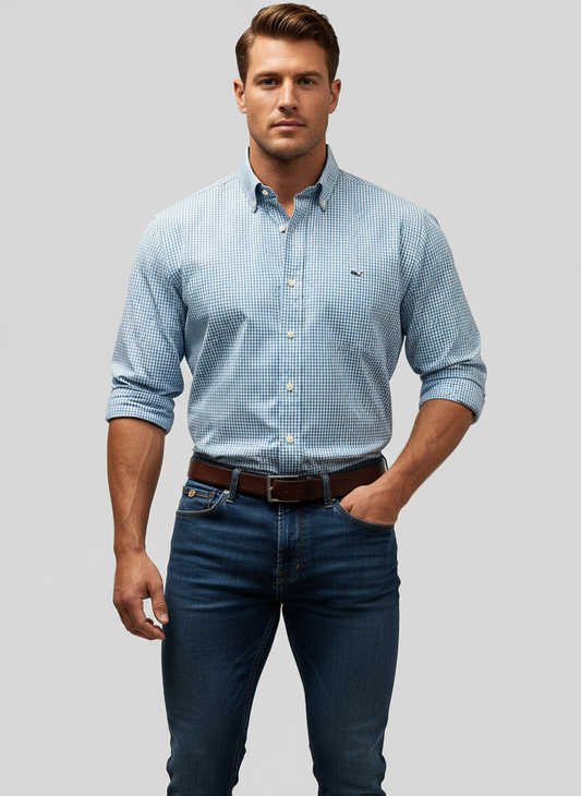 Camisa de botones Vineyard Vines 🐳 de cuadros gingham en color celeste y blanco Talla L Entalle Clásico