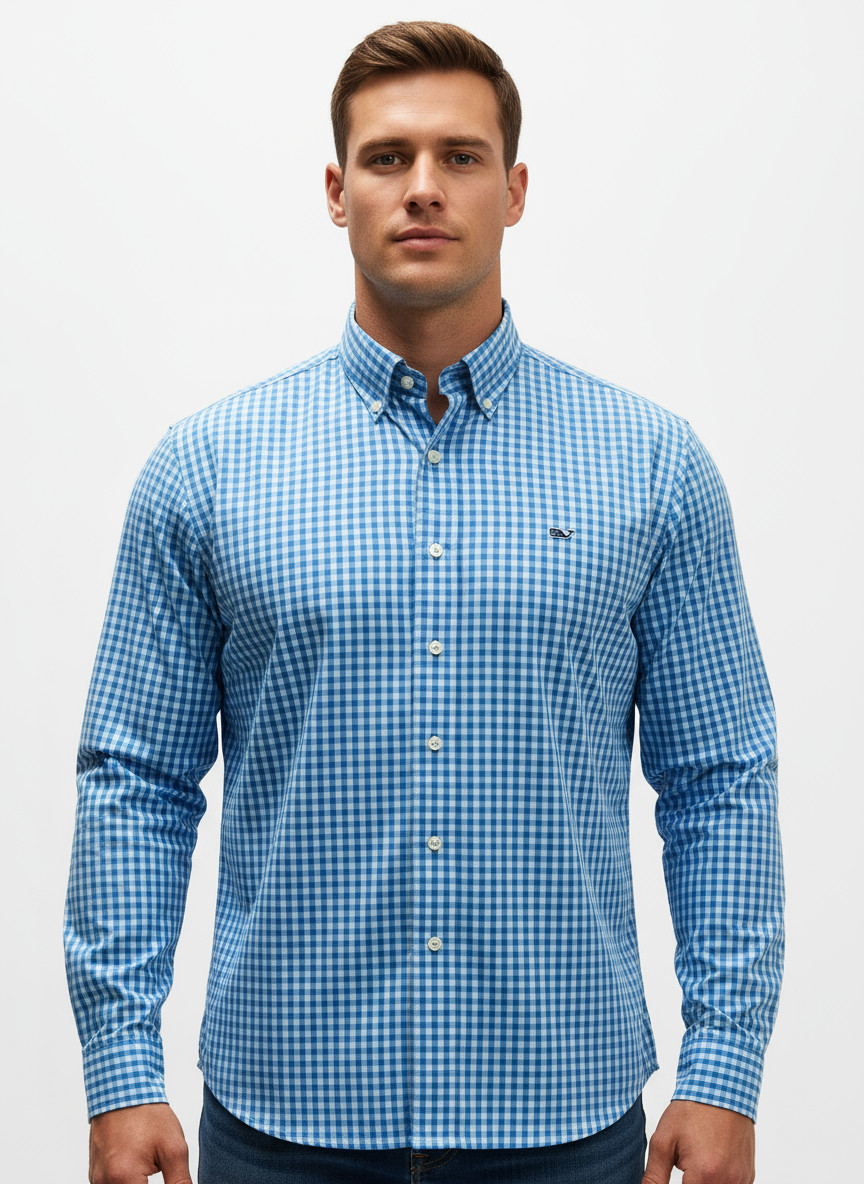 Camisa de botones Vineyard Vines 🐳 de cuadros gingham en color celeste y azul Talla M Entalle Regular