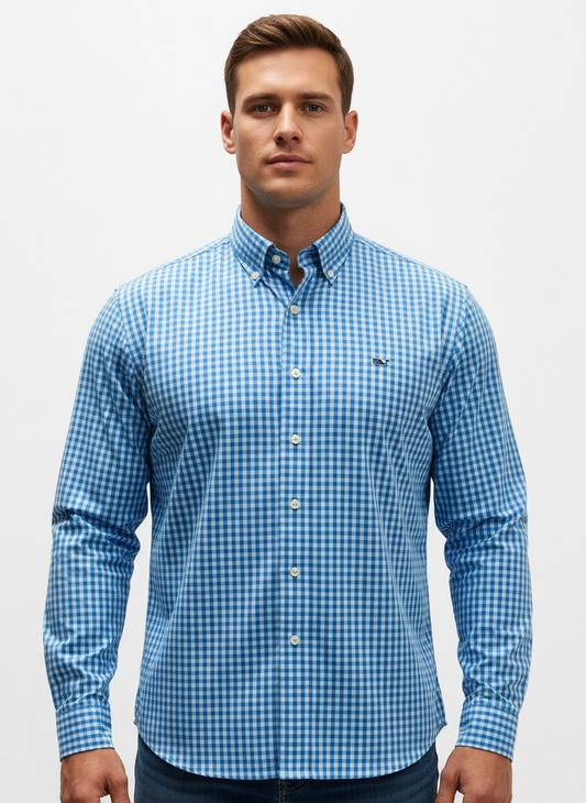Camisa de botones Vineyard Vines 🐳 de cuadros gingham en color celeste y azul Talla M Entalle Regular