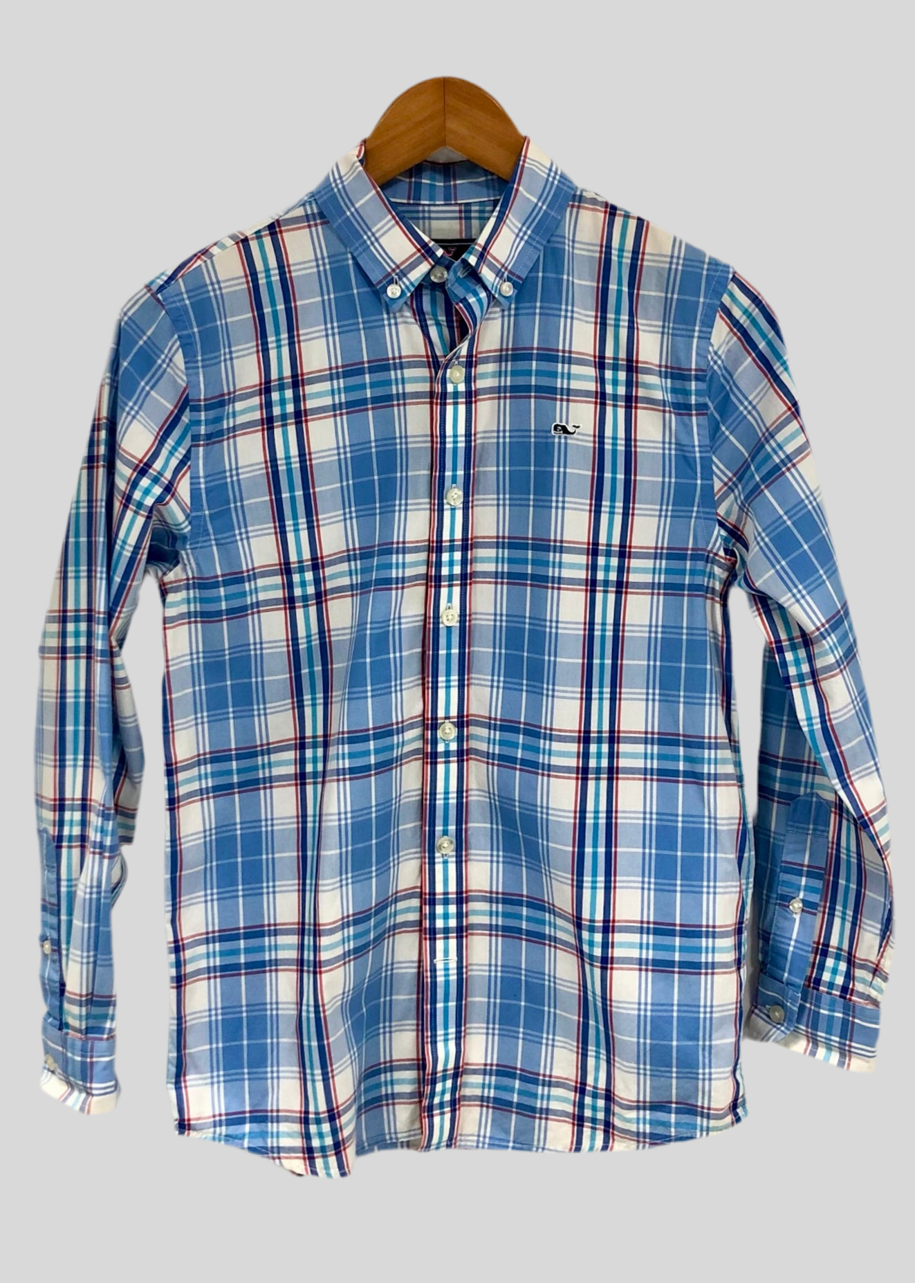 Camisa de niño Vineyard Vines 🐳 con patrón de cuadros en color azul, blanco y rojo Talla M (12-14) Entalle Regular