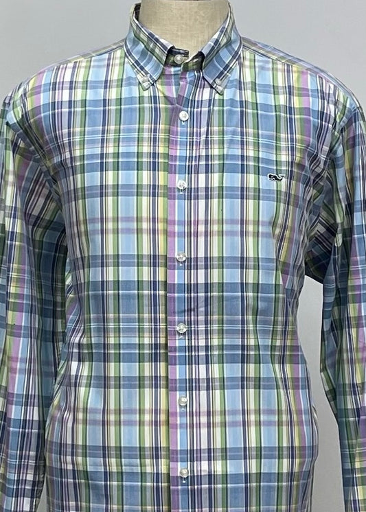 Camisa Vineyard Vines 🐳 color blanco con cuadros en color morado, verde y azul Talla XL Entalle Slim Fit