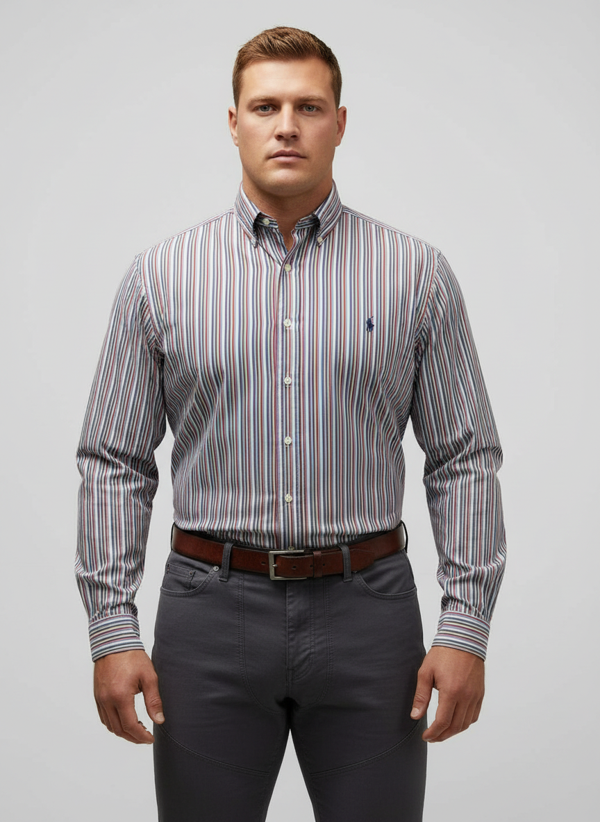 Camisa Polo Ralph Lauren 🏇🏼 de rayas en color rojo, azul y blanco Talla L Entalle Clásico