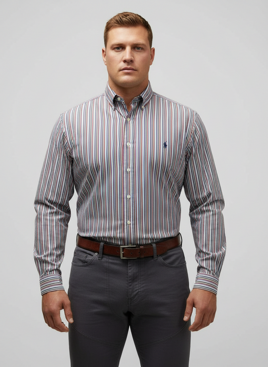 Camisa Polo Ralph Lauren 🏇🏼 de rayas en color rojo, azul y blanco Talla L Entalle Clásico