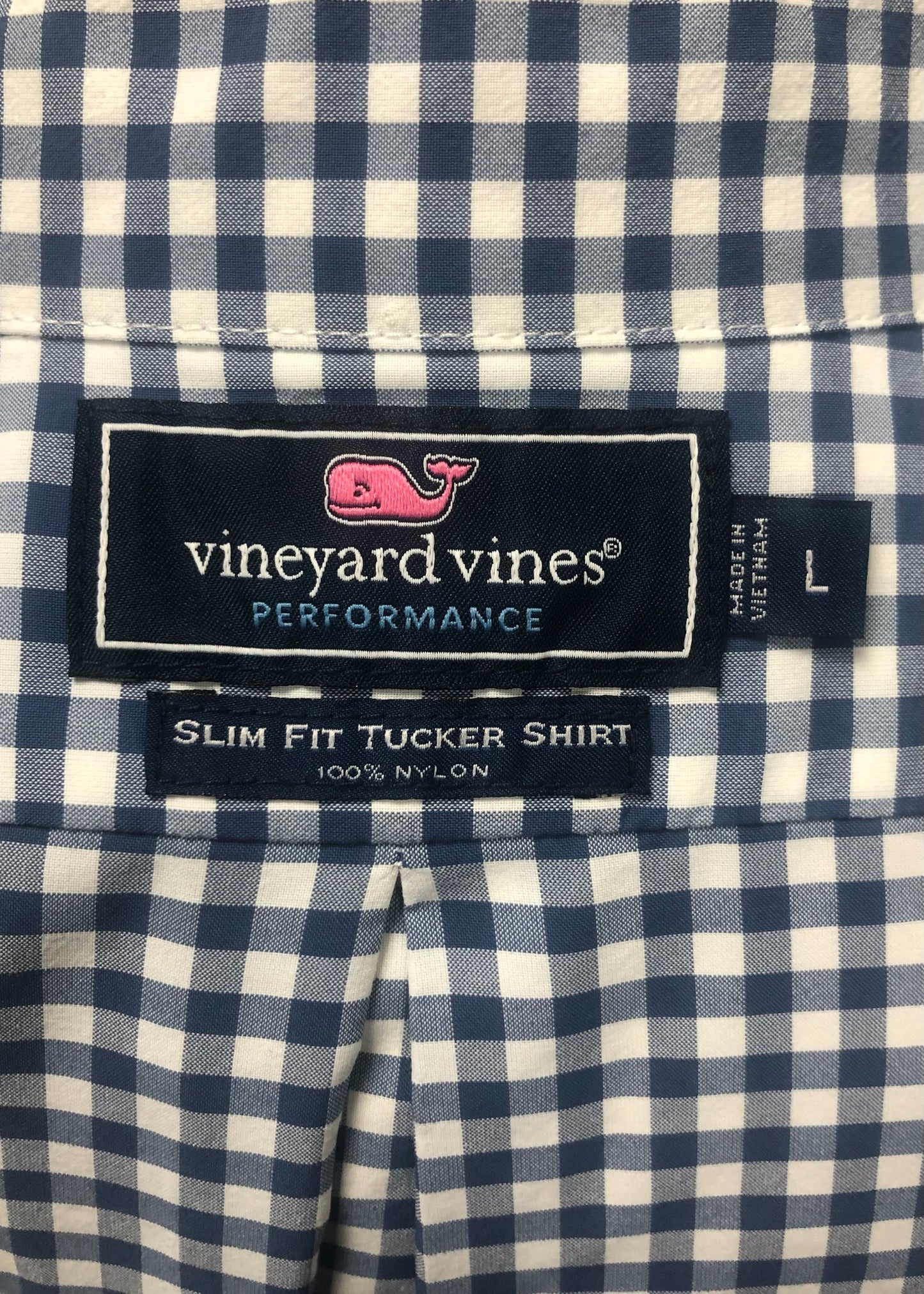 Camisa de botones Vineyard Vines 🐳 Performance de cuadros gingham en color azul navy y blanco Talla L Entalle Slim Fit