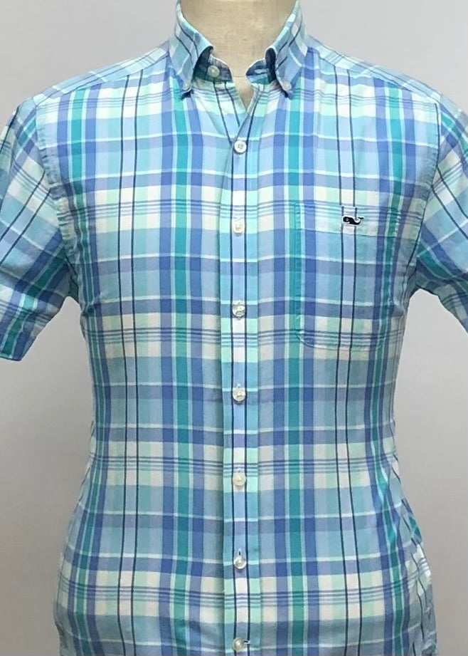 Camisa Vineyard Vines 🐳 con patrón de cuadros tartán en color celeste, turquesa y blanco Talla S Entalle Slim Fit