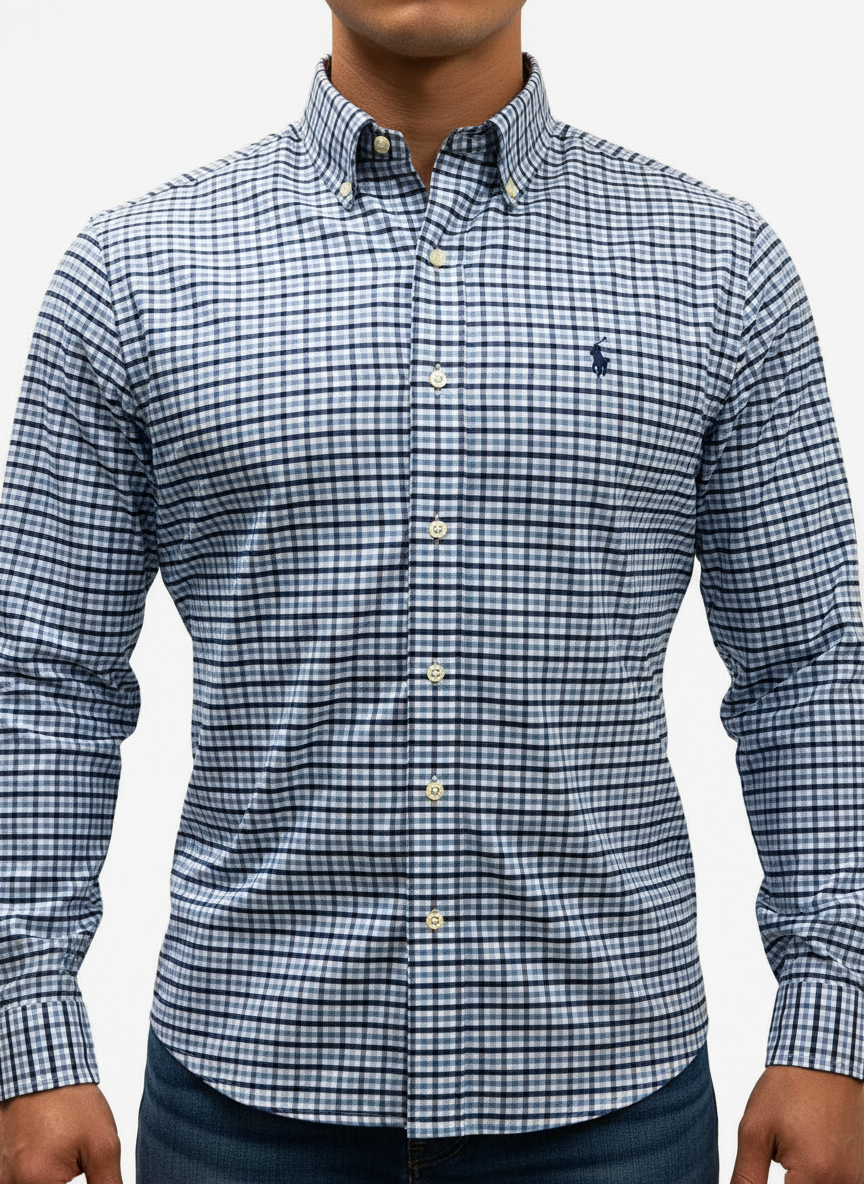 Camisa Polo Ralph Lauren 🏇🏼 Performance color blanco de cuadros azul y celeste Talla M Entalle Clásico