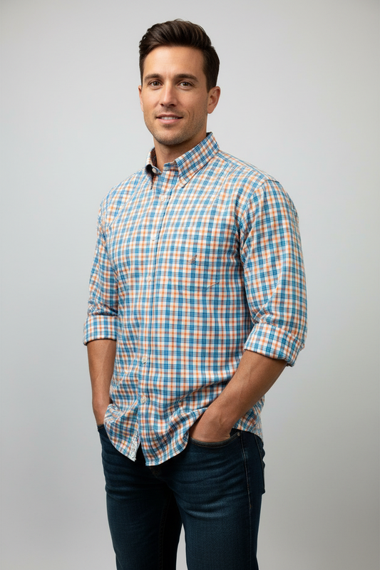 Camisa de botones Nautica ⚓️ de cuadros en color naranja, azul y blanco Talla L Entalle Clásico