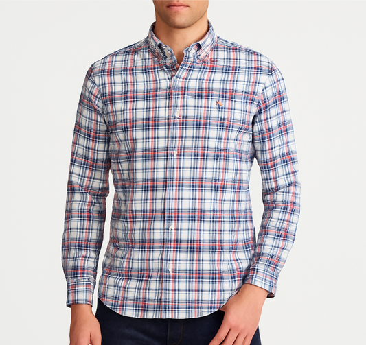 Camisa de botones Polo Ralph Lauren 🏇🏼 color blanco con patron de cuadros rojo y azul Talla L Entalle Regular