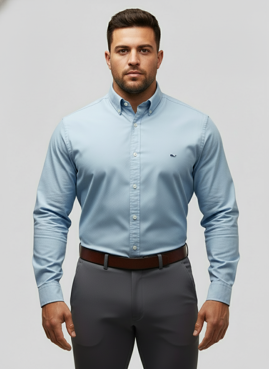 Camisa de botones Vineyard Vines 🐳 de cuadros finos en color celeste y blanco Talla M Entalle Clasico