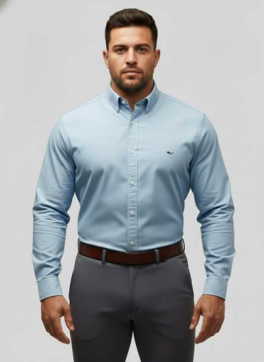 Camisa de botones Vineyard Vines 🐳 de cuadros finos en color celeste y blanco Talla M Entalle Clasico