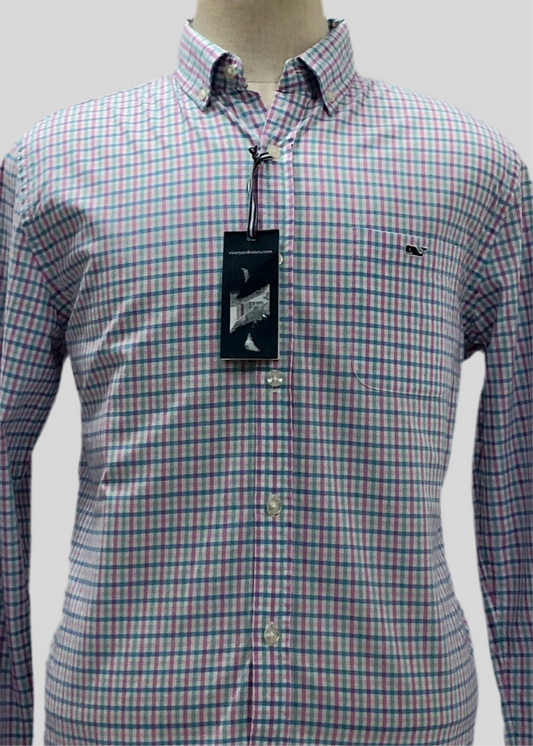 Camisa Vineyard Vines 🐳 color blanco de cuadros en color rosado, verde y azul Talla M Entalle Slim Fit (ver descripción)