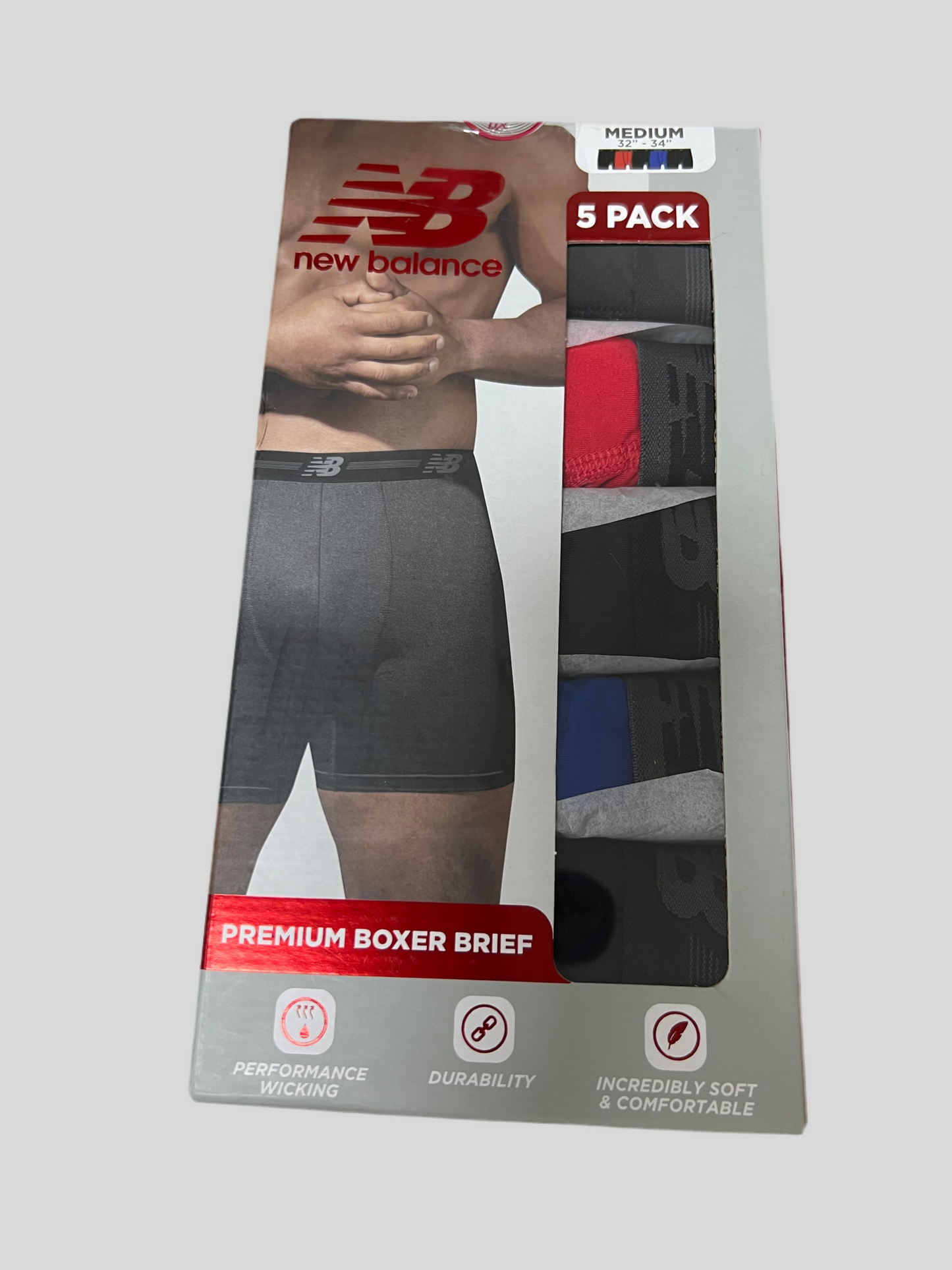 Combo de 5 Boxers Briefs New Balance Tela Performance color Negro, azul y rojo Talla M