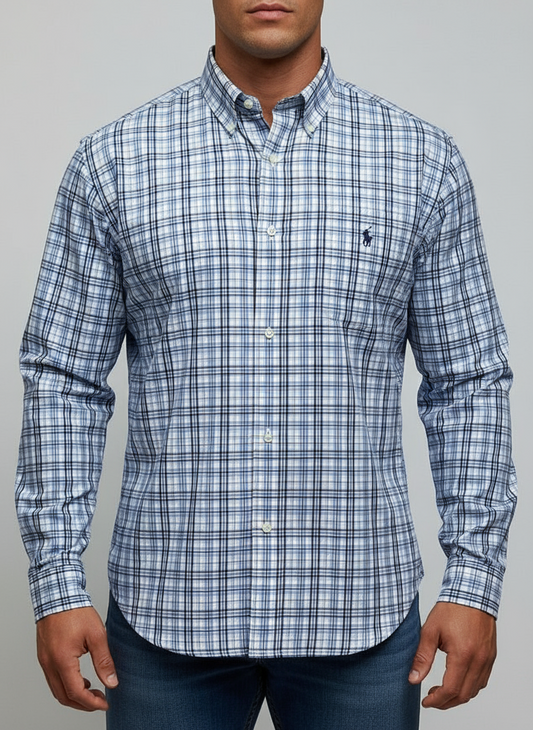 Camisa Polo Ralph Lauren 🏇🏼 color blanco con patrón de cuadros negro y celeste Talla XL Entalle Clásico