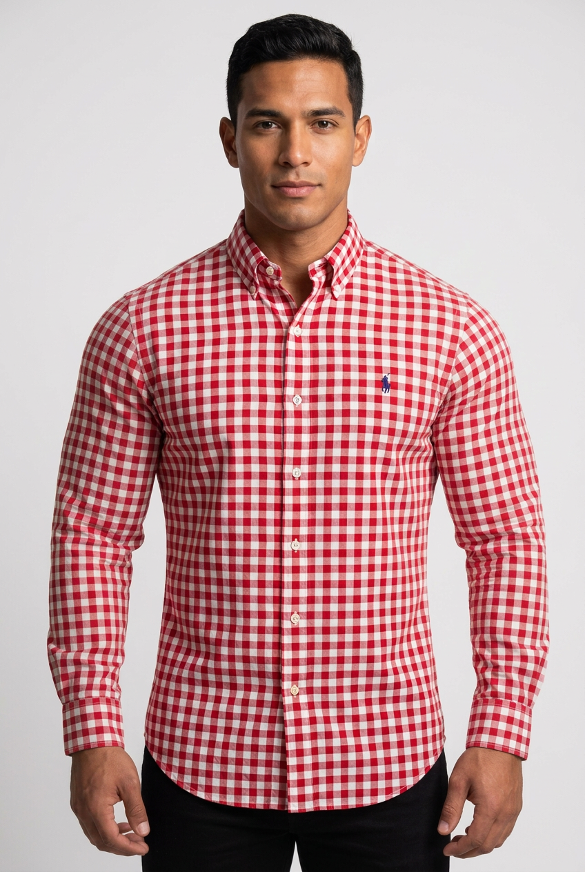 Camisa de botones Polo Ralph Lauren 🏇🏼 Forrada de cuadros gingham rojo y blanco Talla L Entalle Regular
