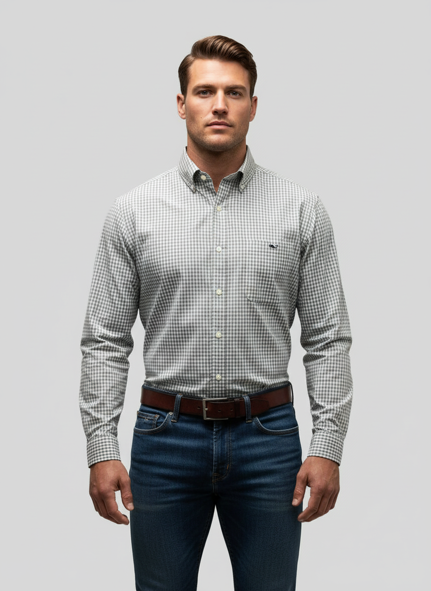 Camisa de botones Vineyard Vines 🐳 de cuadros gingham en color gris y blanco Talla L Entalle Clásico