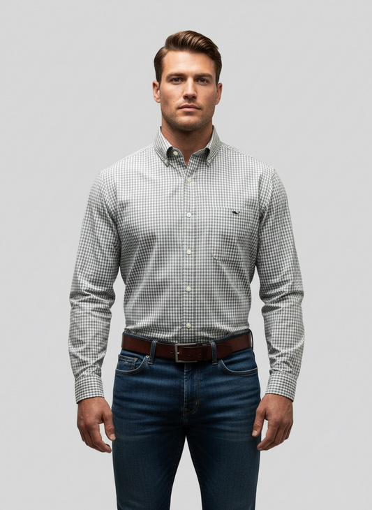 Camisa de botones Vineyard Vines 🐳 de cuadros gingham en color gris y blanco Talla L Entalle Clásico