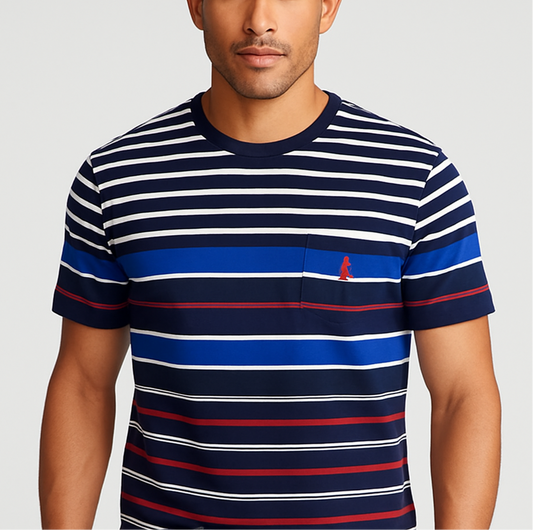 Camiseta cuello Redondo Polo Ralph Lauren 🏇🏼 con patron de rayas en azul, blanco y rojo manga corta Talla Large Entalle Clásico