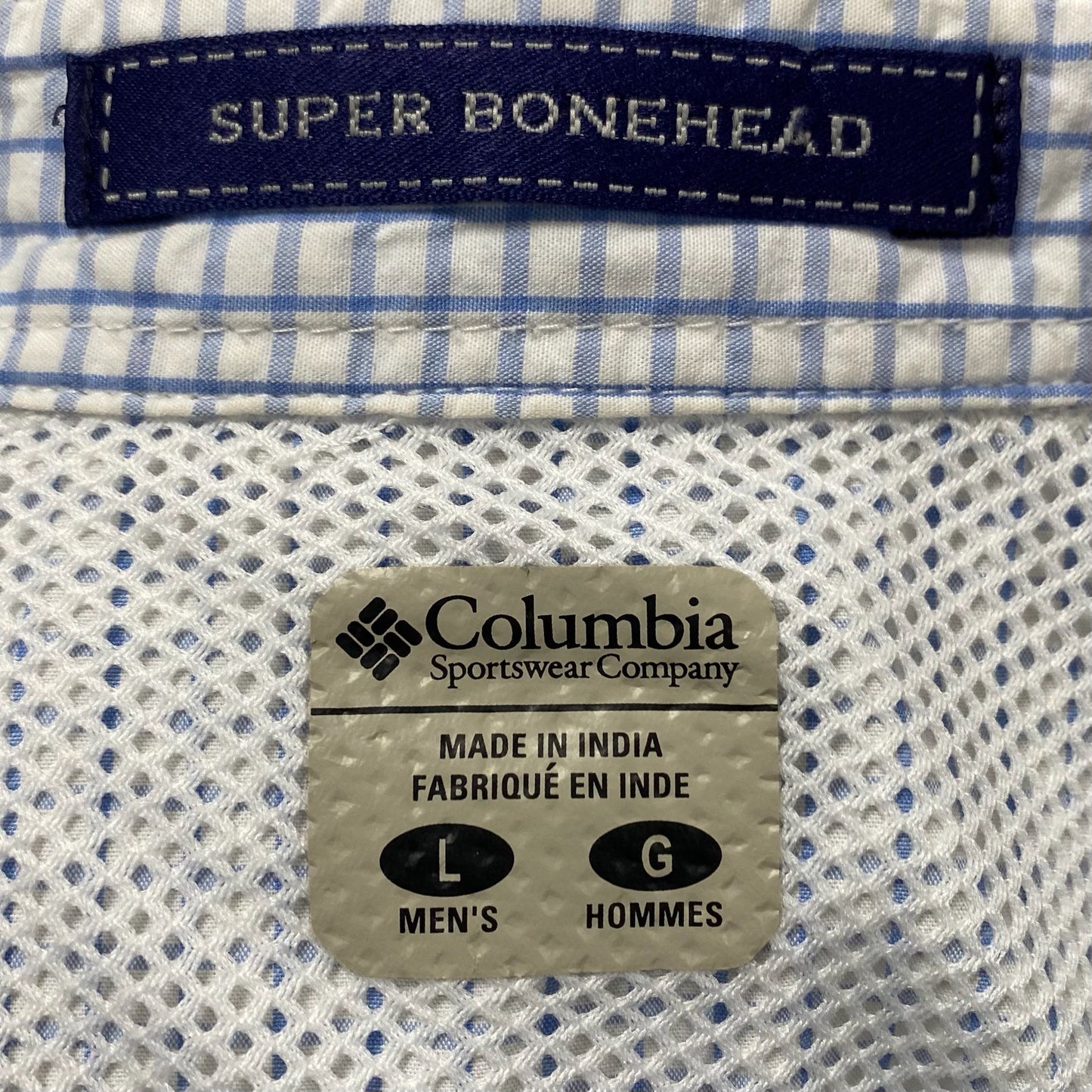Camisa Columbia 🔹 Modelo Super Bonehead con patrón de cuadros en celeste y blanco Manga larga Talla L (ver descripción)