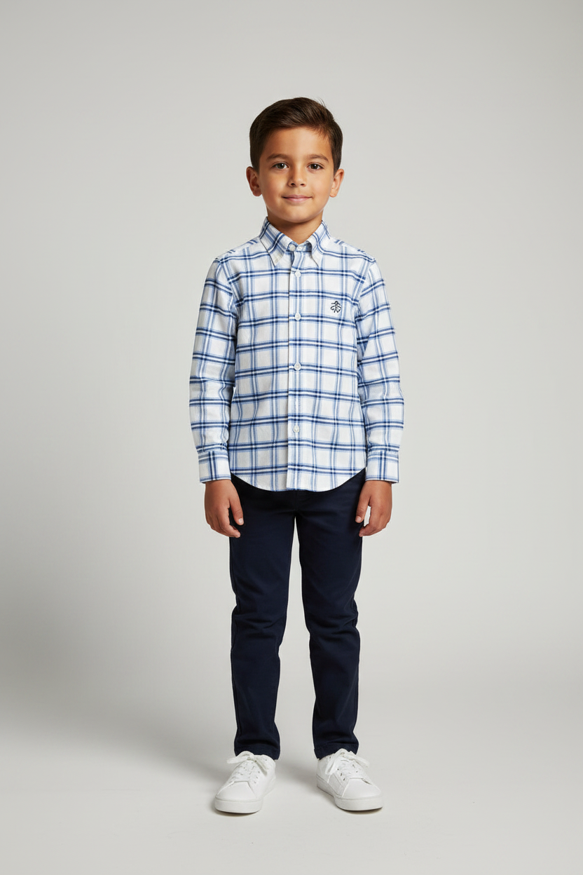 Camisa de niño Brooks Brothers 🐑 color blanco con patrón de cuadros celeste y azul oscuro Talla XS (4-6) Entalle Regular