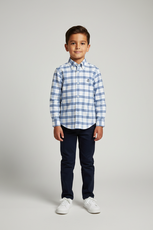 Camisa de niño Brooks Brothers 🐑 color blanco con patrón de cuadros celeste y azul oscuro Talla XS (4-6) Entalle Regular