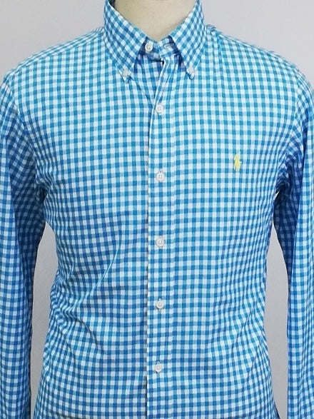 Camisa Polo Ralph Lauren 🏇🏼 con patrón de cuadros gingham turquesa y blanco Talla M Entalle Regular