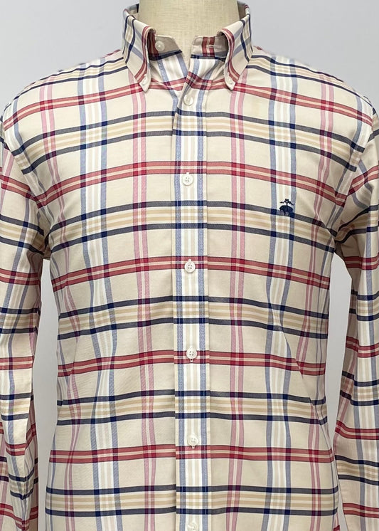 Camisa Brooks Brothers 🐑 color blanco con cuadros tartán en kaki, rojo y azul Talla M Entalle Regular