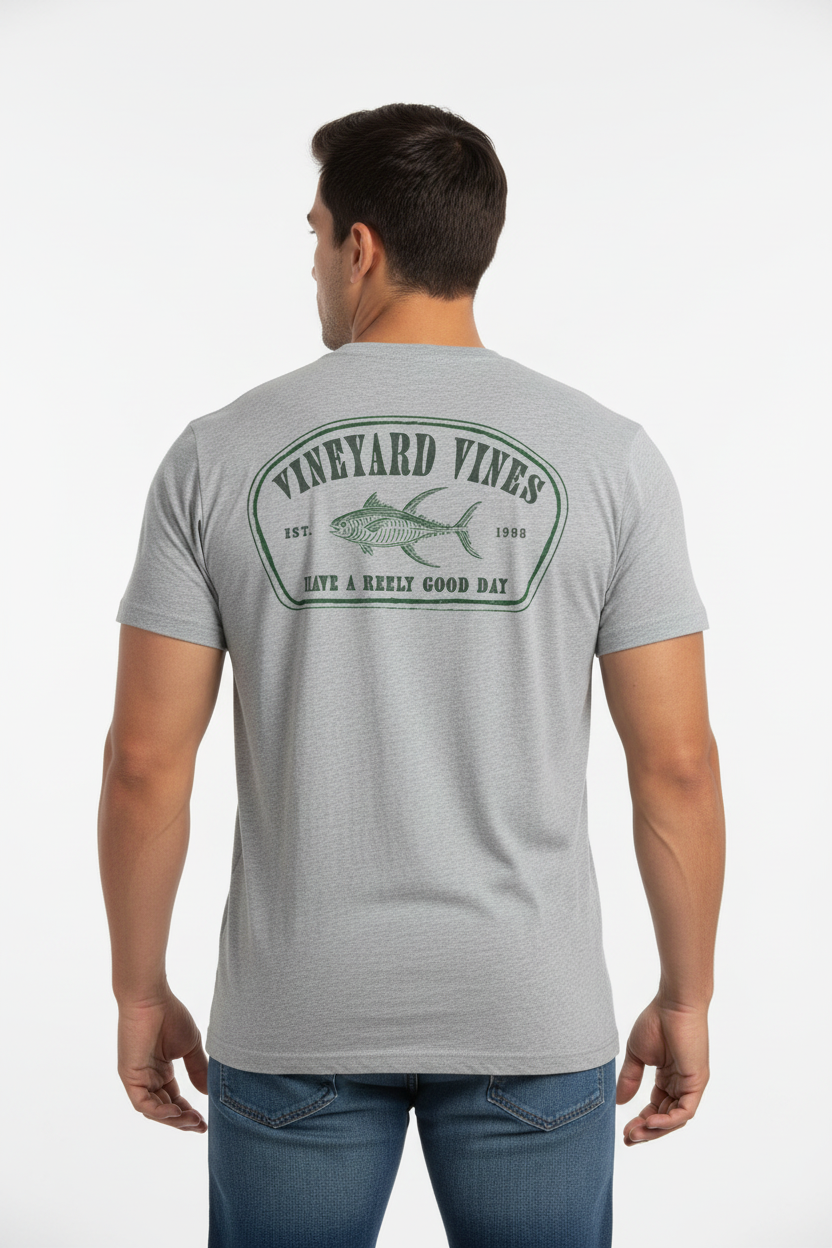 Camiseta cuello redondo Vineyard Vines 🐳 color gris claro con Diseño de Pescado Talla L